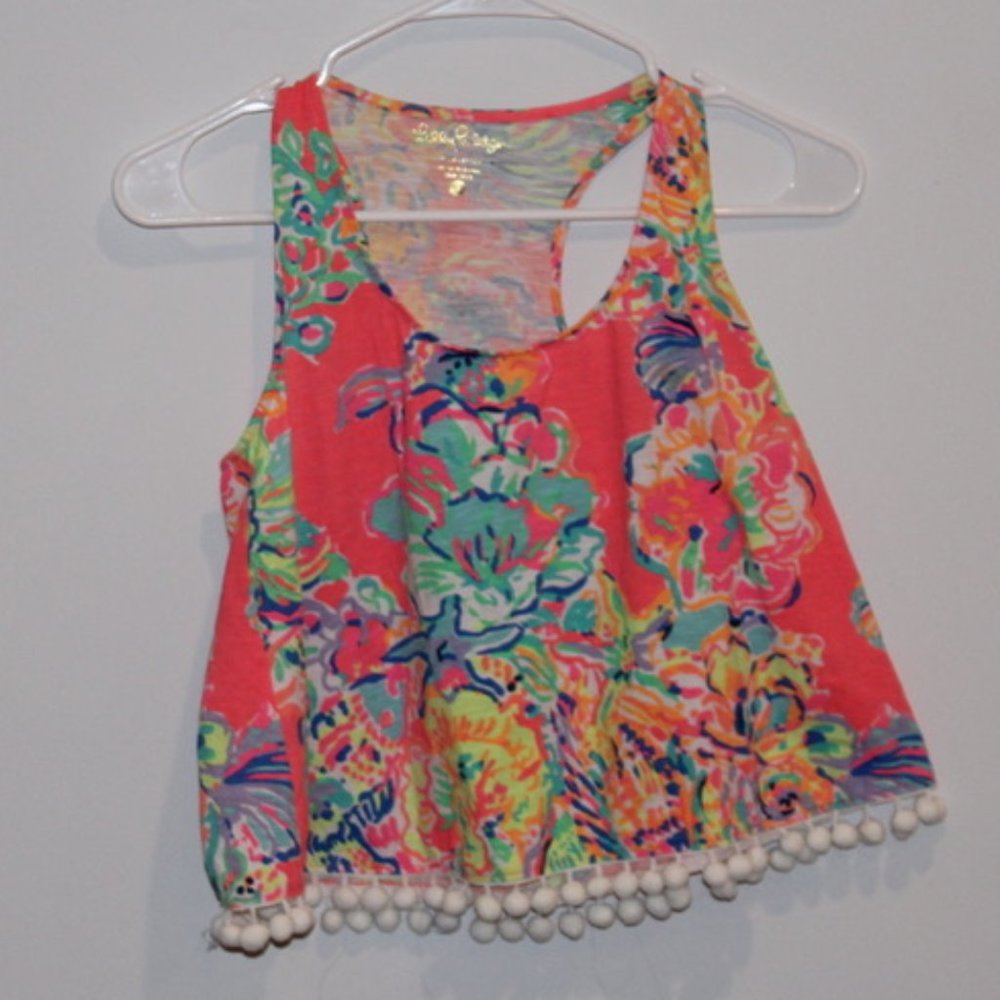 Lilly Pulitzer Pink Floral Racerback Crop Top with Pom Poms